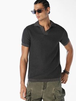 Jack & Jones - Men Charcoal Black Textured Knitted Polo T-shirt