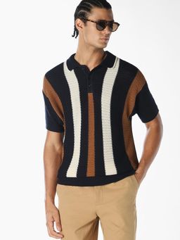 Jack & Jones - Men Navy Blue Striped Knitted Polo T-shirt