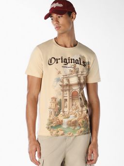 Jack & Jones - Men Cotton Printed Crew Neck T-shirt - Beige