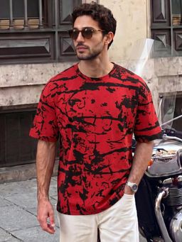 LEOTUDE - Mens Printed Oversized Cotton Blend T-shirt - Red