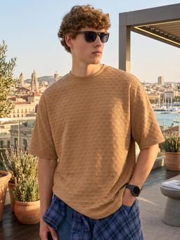 LEOTUDE - Mens Printed Oversized Cotton Blend T-shirt - Beige