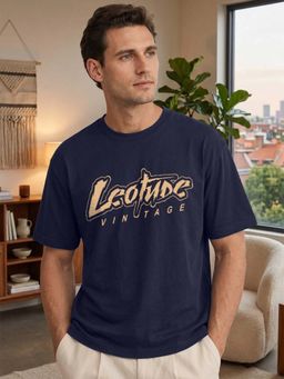 LEOTUDE - Mens Printed Oversized Cotton Blend T-shirt - Navy Blue