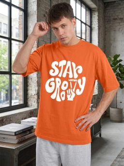 LEOTUDE - Mens Printed Oversized Cotton Blend T-shirt - Orange