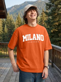 LEOTUDE - Mens Printed Oversized Cotton Blend T-shirt - Orange
