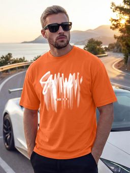 LEOTUDE - Mens Printed Oversized Cotton Blend T-shirt - Orange