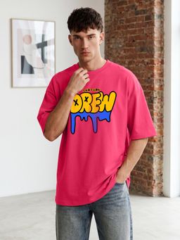 LEOTUDE - Mens Printed Oversized Cotton Blend T-shirt - Pink