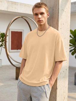 LEOTUDE - Mens Solid Oversized Cotton Blend T-shirt - Beige