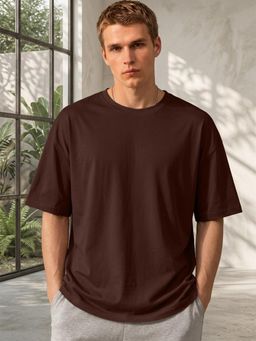 LEOTUDE - Mens Solid Oversized Cotton Blend T-shirt - Brown