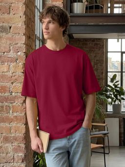 LEOTUDE - Mens Solid Oversized Cotton Blend T-shirt - Maroon