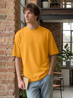 LEOTUDE - Mens Solid Oversized Cotton Blend T-shirt - Mustard
