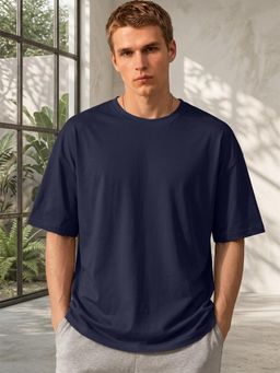 LEOTUDE - Mens Solid Oversized Cotton Blend T-shirt - Navy Blue