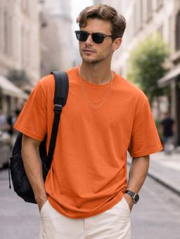 LEOTUDE - Mens Solid Oversized Cotton Blend T-shirt - Orange