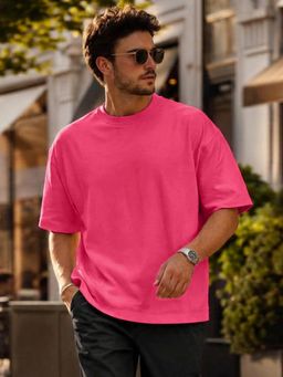 LEOTUDE - Mens Solid Oversized Cotton Blend T-shirt - Pink