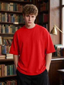 LEOTUDE - Mens Solid Oversized Cotton Blend T-shirt - Red