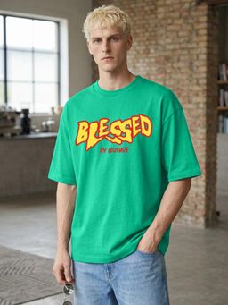 LEOTUDE - Mens Printed Oversized Cotton Blend T-shirt - Green
