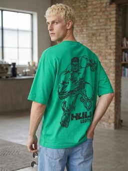 LEOTUDE - Mens Printed Oversized Cotton Blend T-shirt - Green