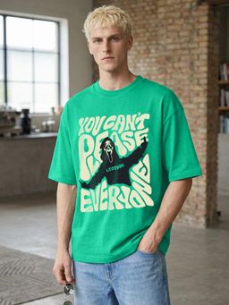 LEOTUDE - Mens Printed Oversized Cotton Blend T-shirt - Green