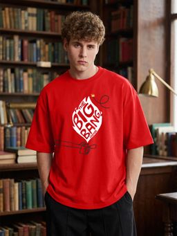 LEOTUDE - Mens Printed Oversized Cotton Blend T-shirt - Red