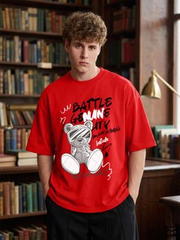 LEOTUDE - Mens Printed Oversized Cotton Blend T-shirt - Red
