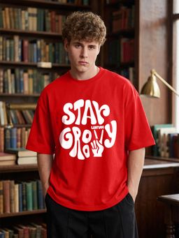 LEOTUDE - Mens Printed Oversized Cotton Blend T-shirt - Red