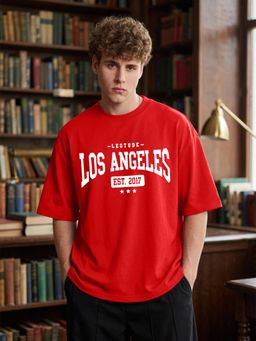 LEOTUDE - Mens Printed Oversized Cotton Blend T-shirt - Red