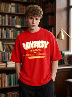 LEOTUDE - Mens Printed Oversized Cotton Blend T-shirt - Red