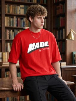 LEOTUDE - Mens Printed Oversized Cotton Blend T-shirt - Red