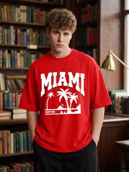 LEOTUDE - Mens Printed Oversized Cotton Blend T-shirt - Red