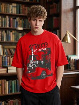 LEOTUDE - Mens Graphic Oversized Cotton Blend T-shirt - Red