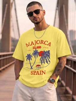 LEOTUDE - Mens Printed Oversized Cotton Blend T-shirt - Yellow