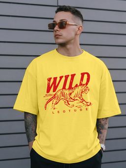 LEOTUDE - Mens Printed Oversized Cotton Blend T-shirt - Yellow