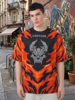 LEOTUDE - Mens Printed Oversized Polyester T-shirt - Black