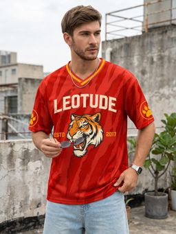LEOTUDE - Mens Printed Oversized Polyester T-shirt - Red