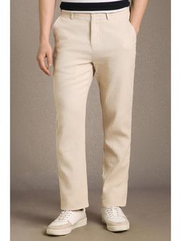 Louis Philippe - Men Beige Regular Fit Textured Flat Front Casual Trousers