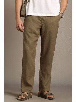 Louis Philippe - Men Olive Relaxed Fit Solid Flat Front Casual Trousers