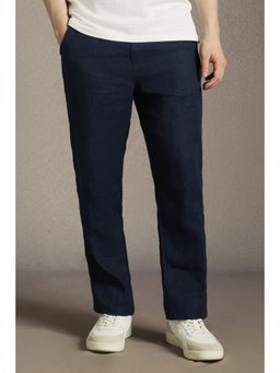 Louis Philippe - Men Navy Blue Relaxed Fit Solid Flat Front Casual Trousers