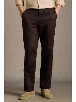 Louis Philippe - Men Brown Relaxed Fit Solid Flat Front Casual Trousers