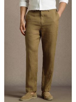 Louis Philippe - Men Khaki Relaxed Fit Solid Flat Front Casual Trousers
