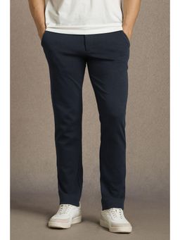 Louis Philippe - Men Navy Blue Slim Tapered Fit Solid Flat Front Casual Trousers