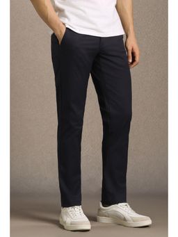 Louis Philippe - Men Navy Blue Slim Tapered Fit Textured Flat Front Casual Trousers