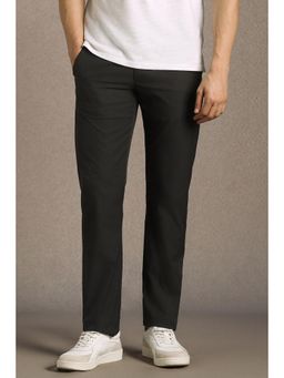 Louis Philippe - Men Black Slim Tapered Fit Solid Flat Front Casual Trousers
