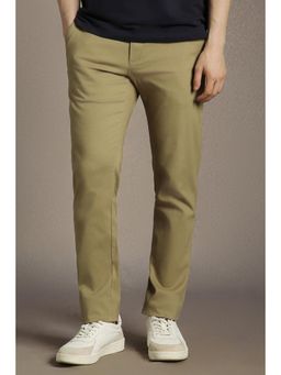 Louis Philippe - Men Khaki Slim Tapered Fit Solid Flat Front Casual Trousers