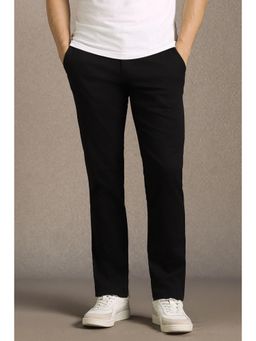 Louis Philippe - Men Black Slim Tapered Fit Solid Flat Front Casual Trousers