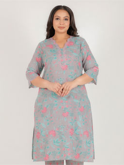 ARAMYA - Grey Soft Cotton Straight Floral Printed Kurta for Women