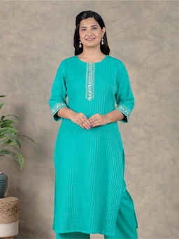 ARAMYA - Green Linen Cotton Straight Solid Kurta for Women