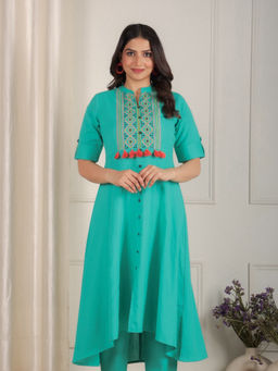 ARAMYA - Green Linen Cotton High Low Solid Kurta for Women