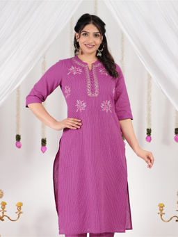 ARAMYA - Purple Kantha Cotton Straight Solid Kurta for Women