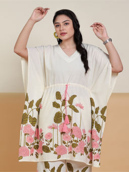 ARAMYA - Off White Linen Cotton Placement Printed Kurta for Women
