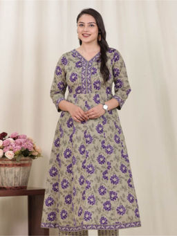 ARAMYA - Khaki Soft Cotton Floral Printed Kurta for Women