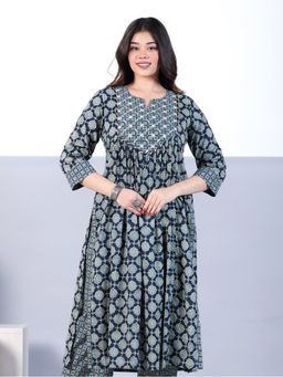 ARAMYA - Blue Soft Cotton A-Line Geometric Printed Kurta for Women